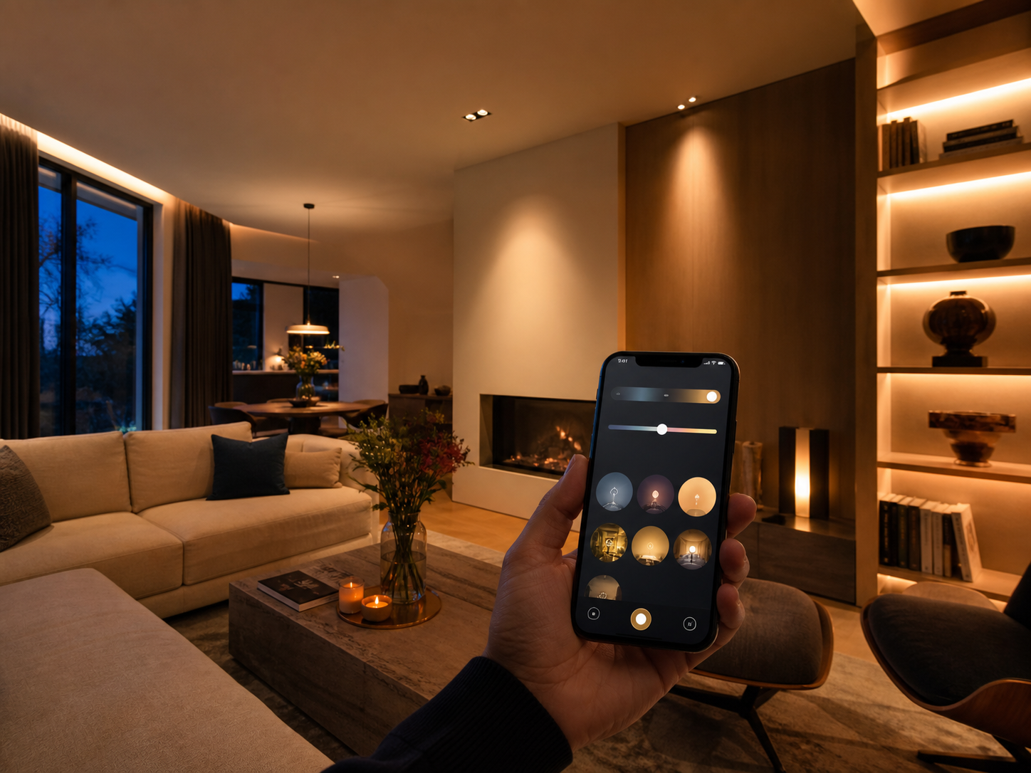 Sfeervol interieur met smartphone voor domoticabediening