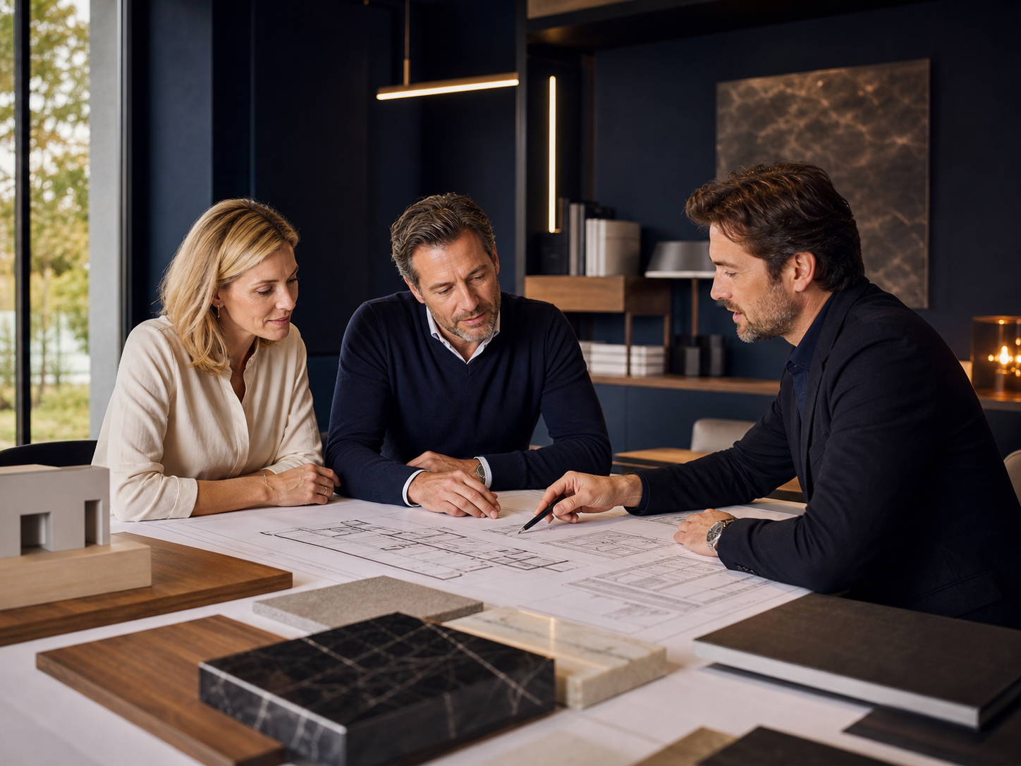 Echtpaar en architect bespreken bouwtekeningen